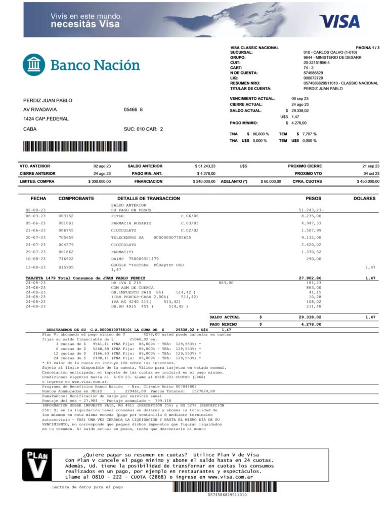 Argentina Banco Nacion Credit Card Statement Word and PDF Template 3 Pages