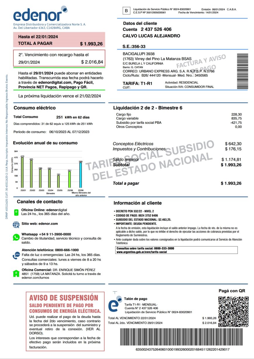 Argentina Edenor Electricity Bill Word And PDF Template 2 Pages
