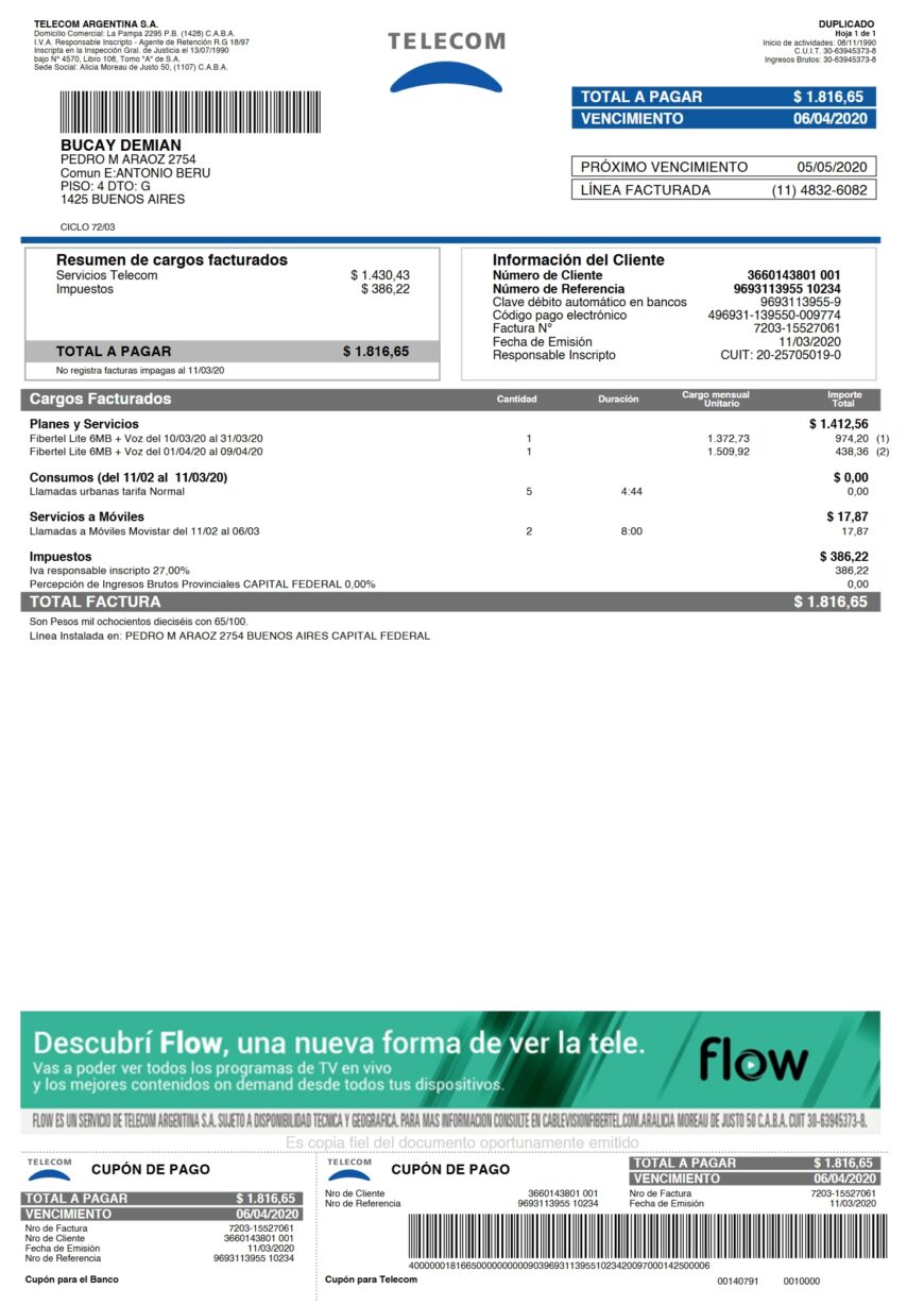 Argentina Telecom Utility Bill Word and PDF Template 2 Pages