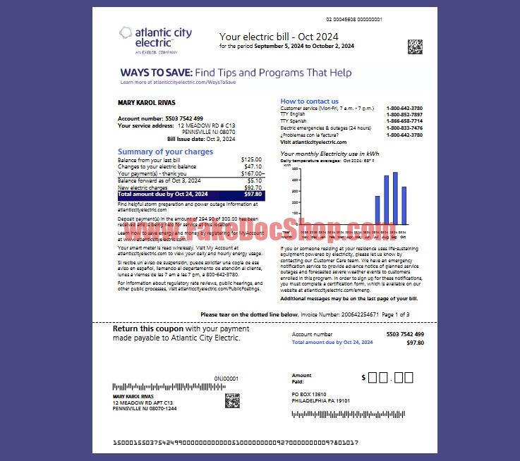 Atlantic City Electric Utility Bill Template in Word and PDF Format