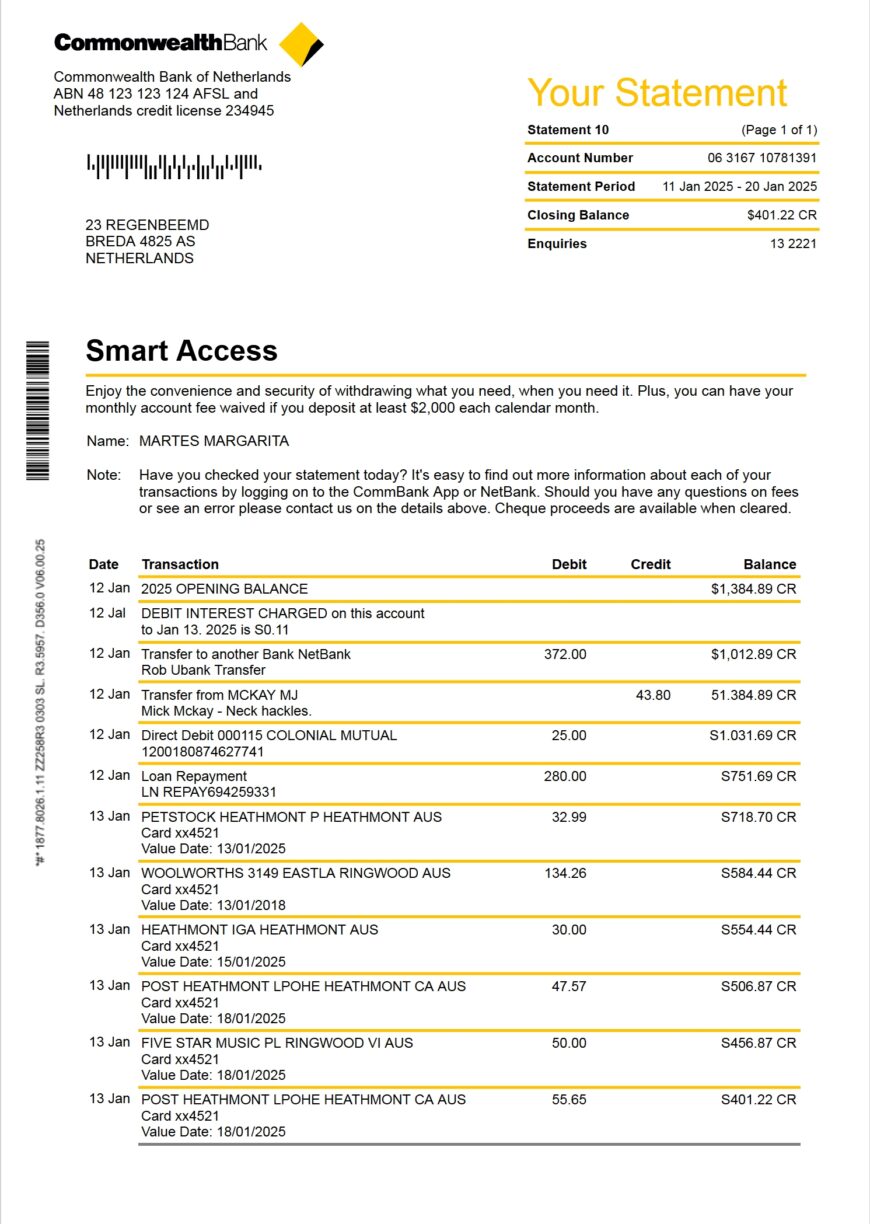 Australia Commonwealth Bank Smart Access Account Statement Word And PDF Template
