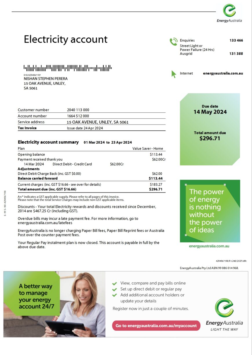 Australia EnergyAustralia Electricity Bill Word And PDF Template