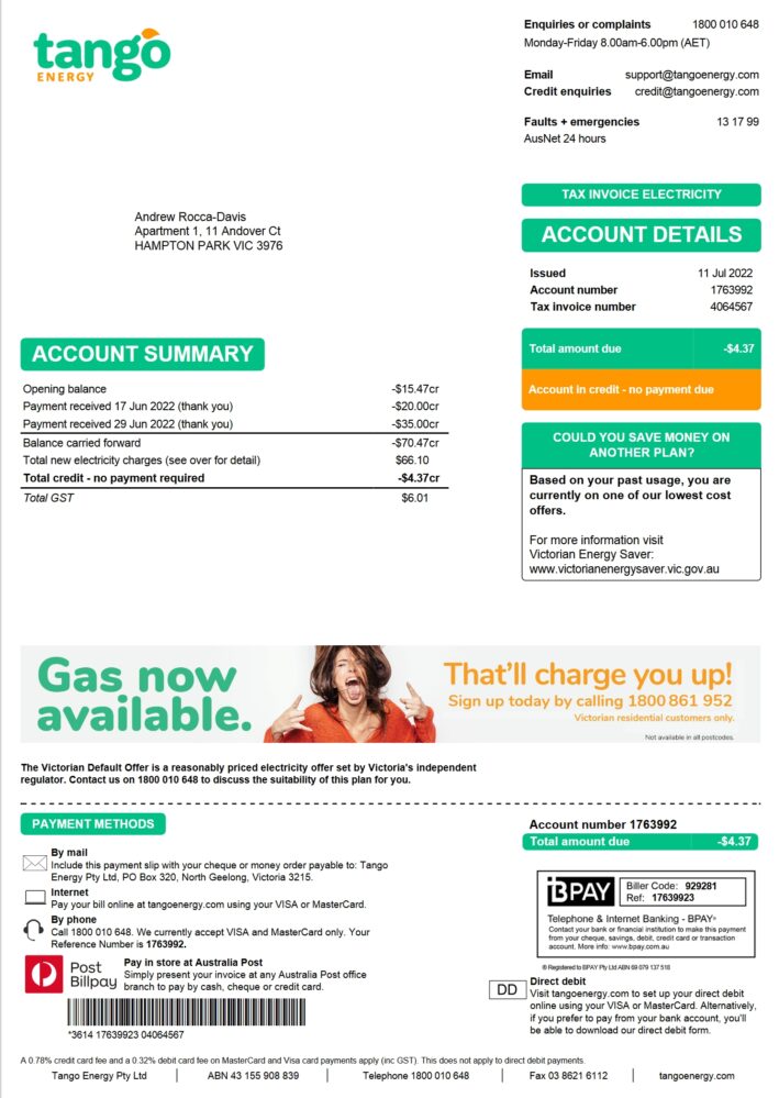 Australia Tango Energy Electricity Bill Word And PDF Template 2 Pages