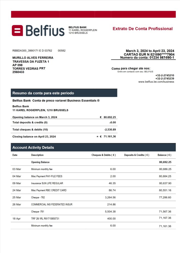Belgium Belfius Bank Professional Account Statement Word And PDF Template