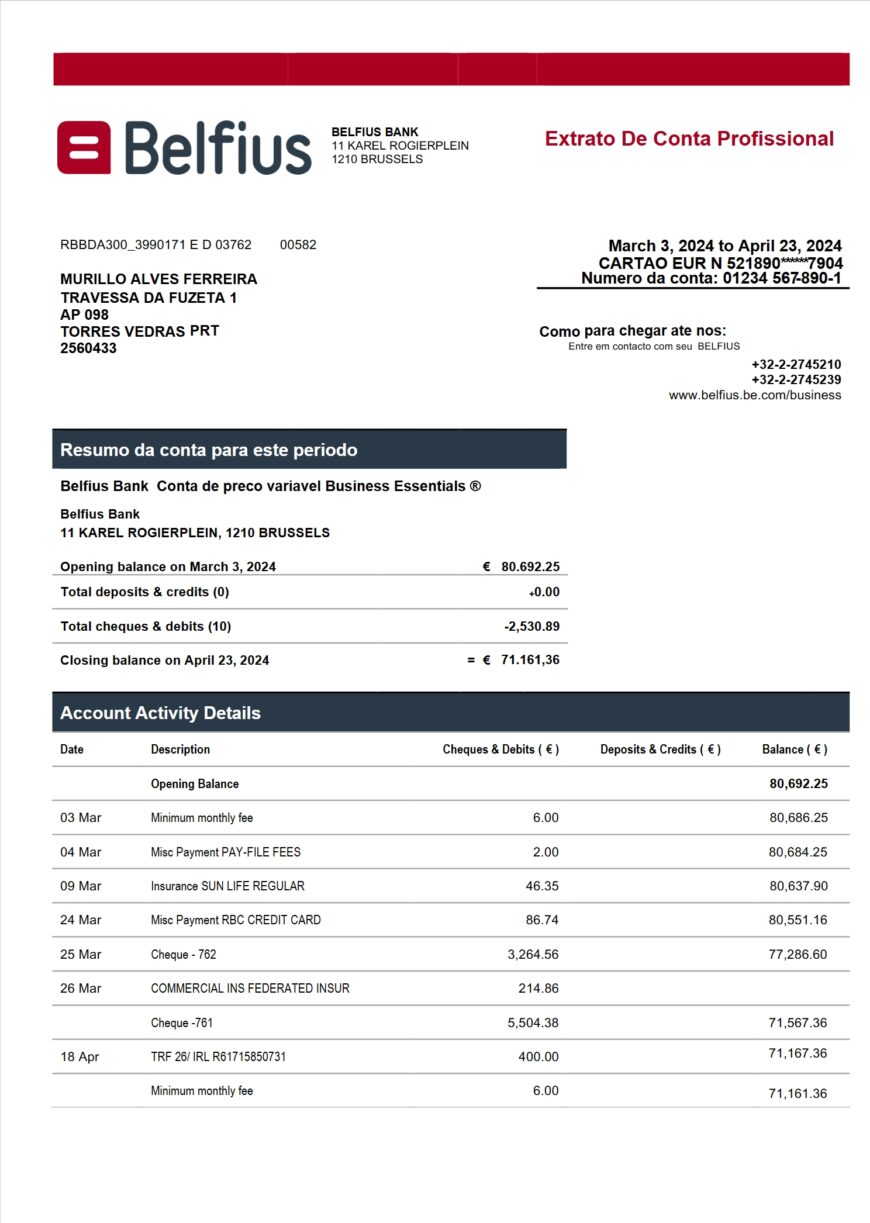 Belgium Belfius Bank Professional Account Statement Word And PDF Template