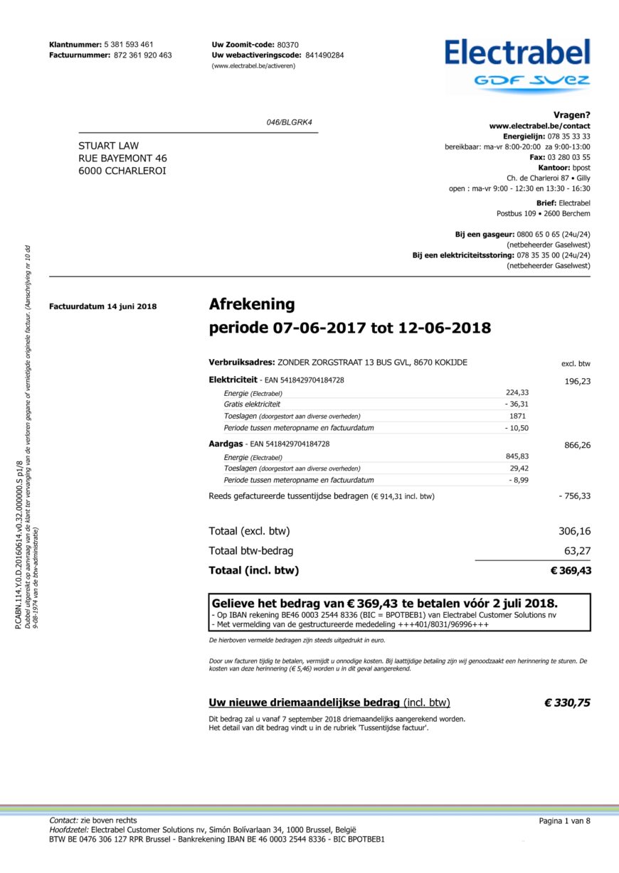 Belgium Electrabel Utility Bill Word and PDF Template