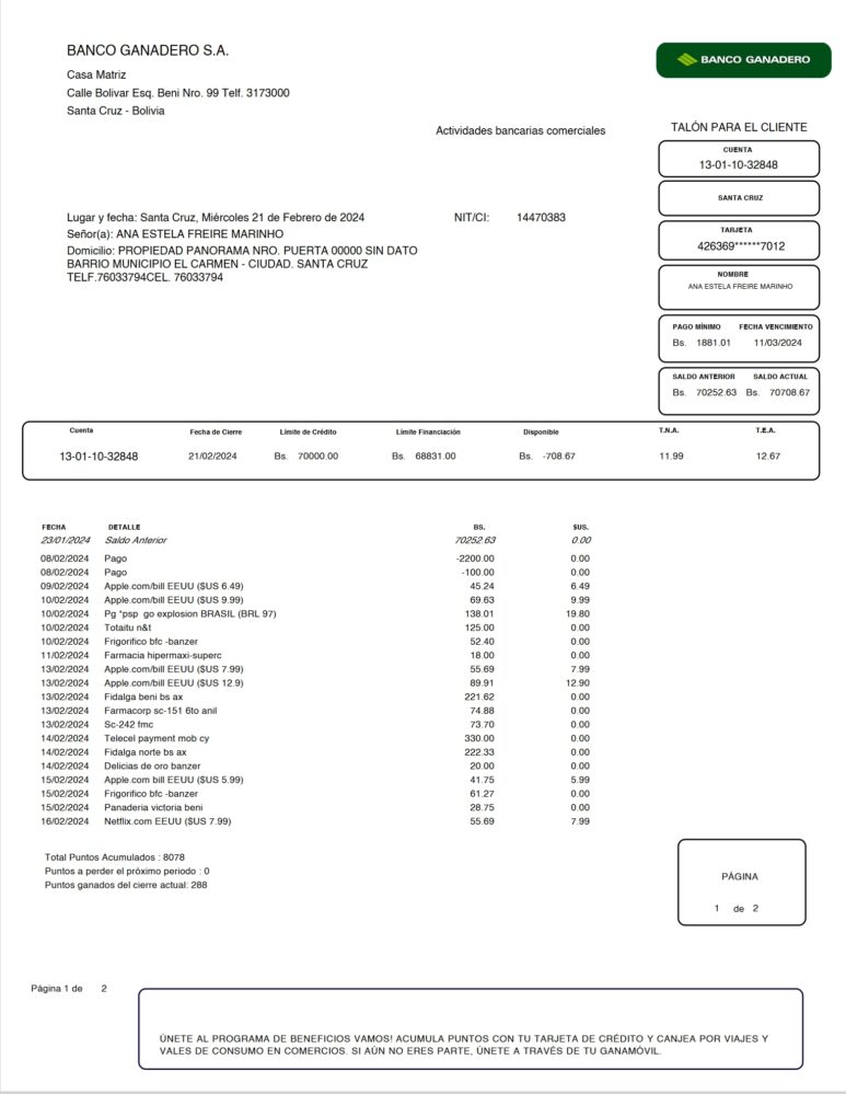 Bolivia Banco Ganadero Credit Card Statement Word And PDF Template 2 Pages