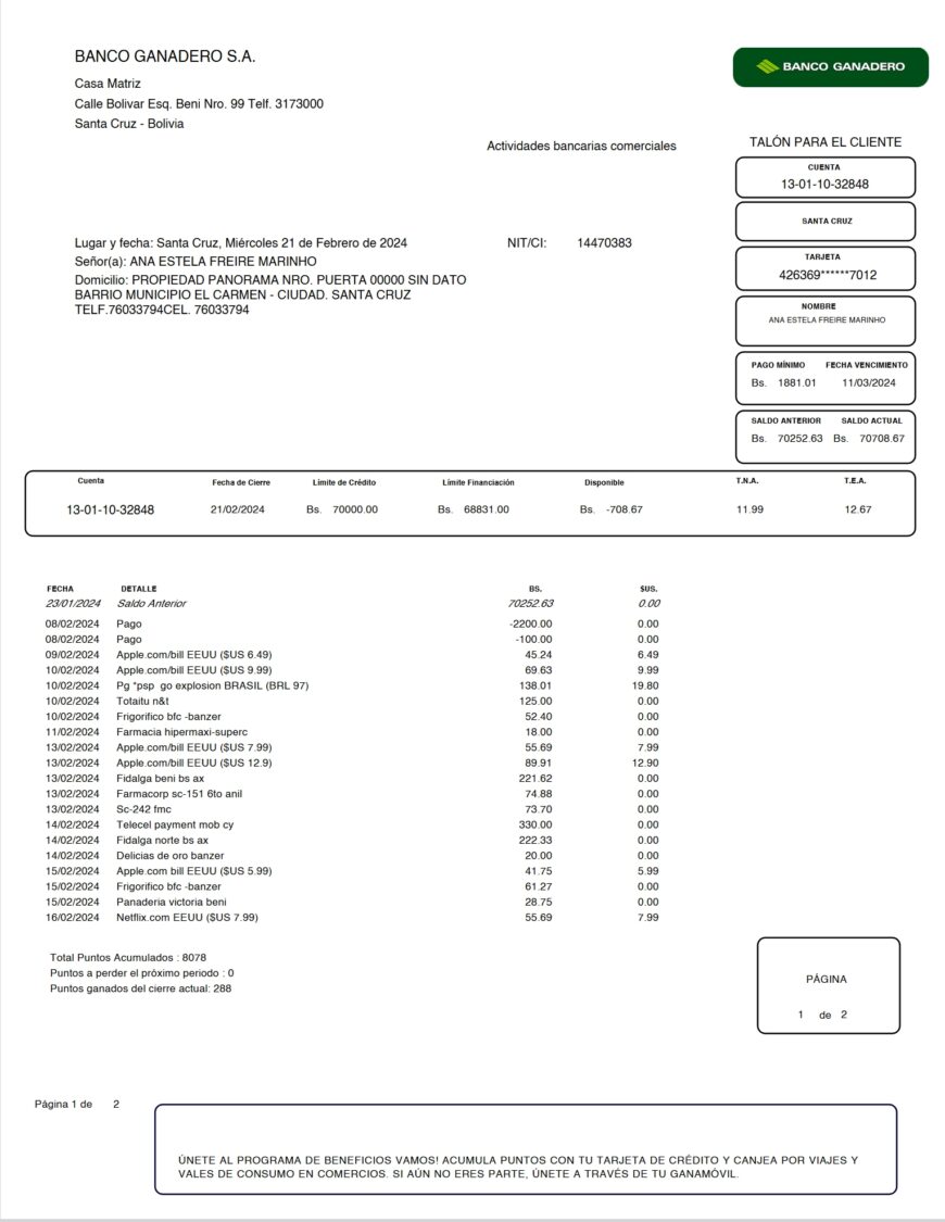 Bolivia Banco Ganadero Credit Card Statement Word And PDF Template 2 Pages