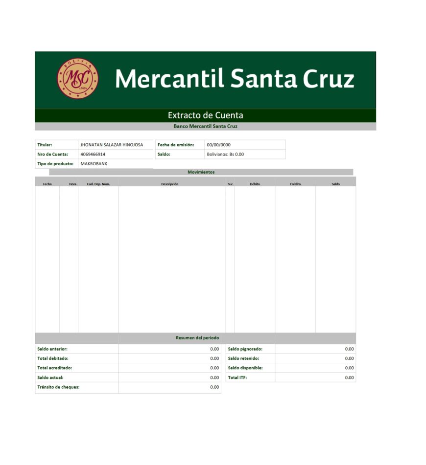 Bolivia Banco Mercantil Santa Cruz Account Statement Word And PDF Template