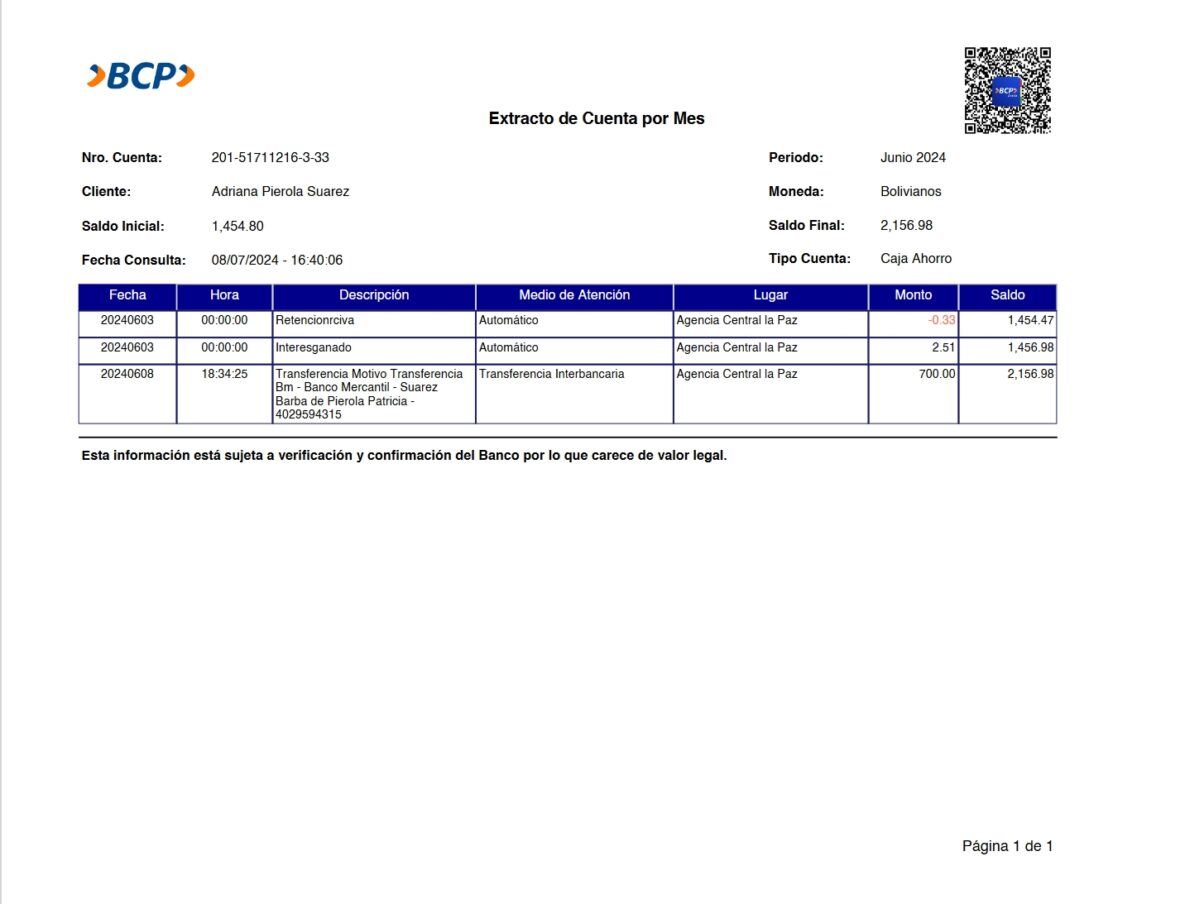Bolivia Banco de Credito del Peru BCP Account Statement Word And PDF Template