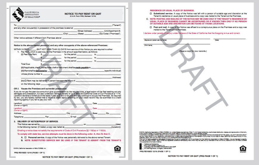 California Association of REALTORS Notice to Pay Rent or Quit Template