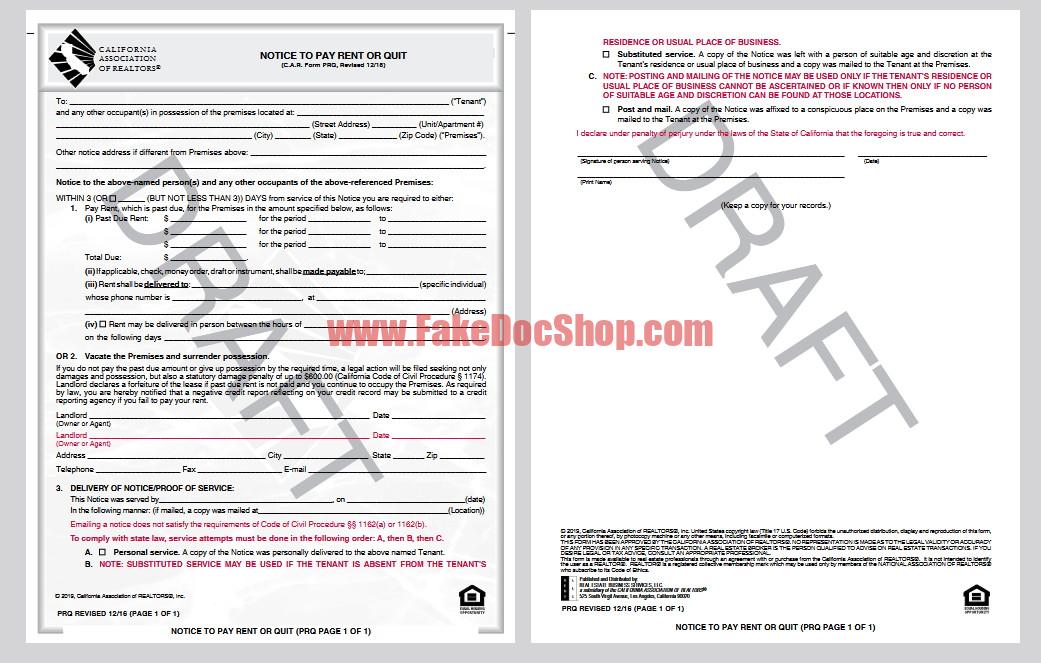 California Association of REALTORS Notice to Pay Rent or Quit Template
