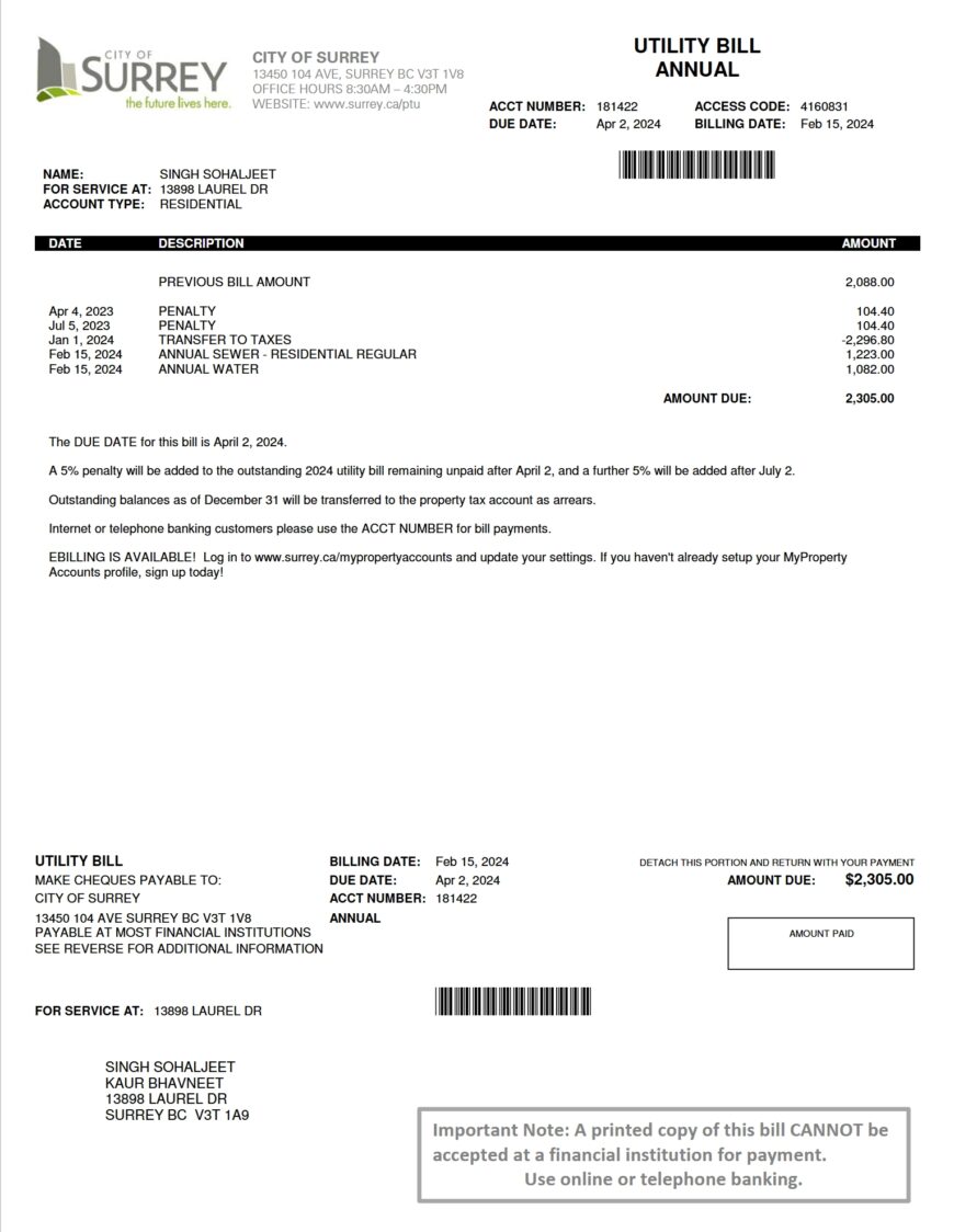 Canada City of Surrey Utility Bill Word Template