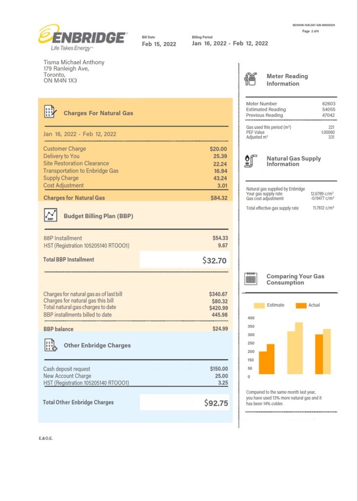 Canada Enbridge Natural Gas Bill Word And PDF Template