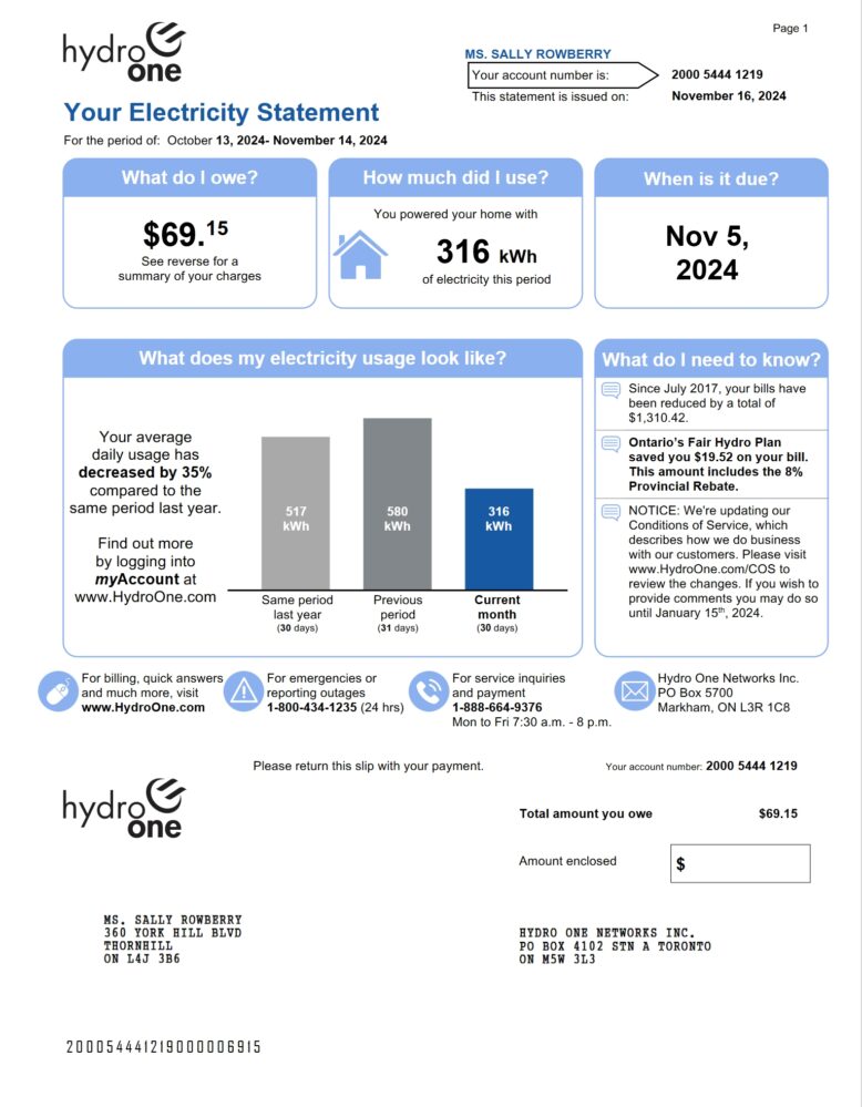 Canada Hydro One Electricity Bill Word And PDF Template