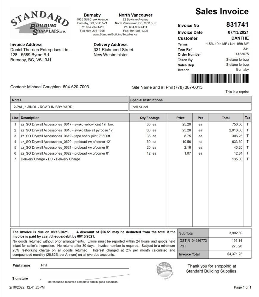 Canada Standard Building Supplies Ltd. Sales Invoice Word And PDF Template