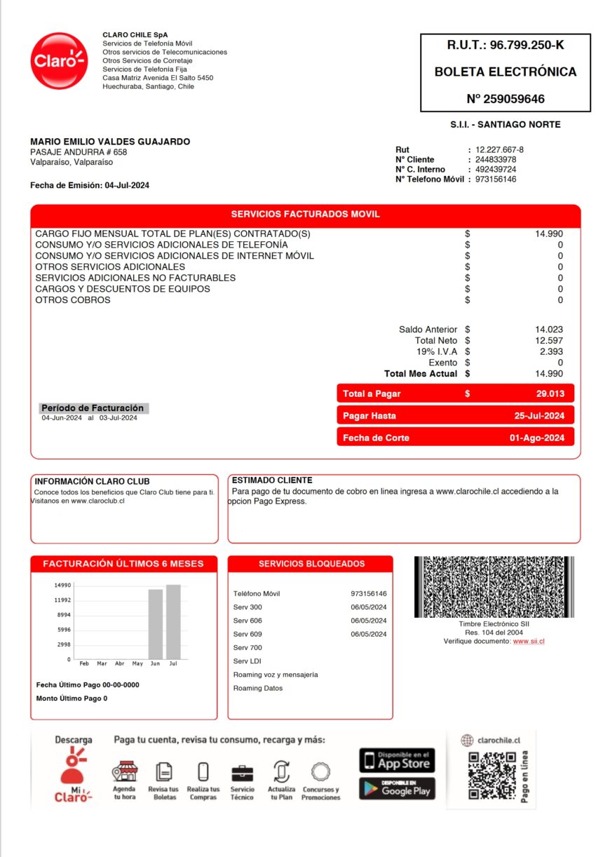 Chile Claro Mobile And Telecommunications Bill Word And PDF Template 2 Pages
