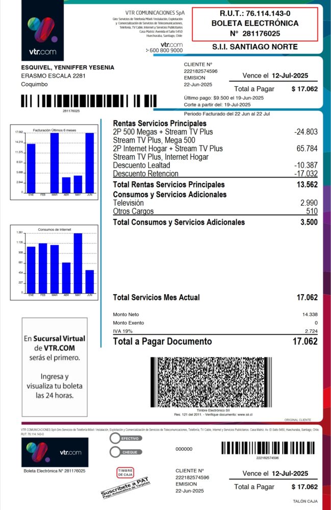 Chile VTR Telecommunications Bill Template in Word And PDF Format 2 Pages