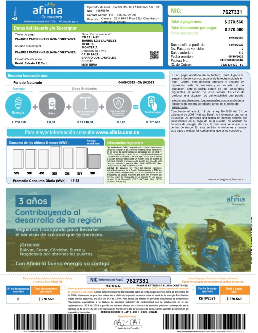 Colombia Afinia Utility Bill Word and PDF Template