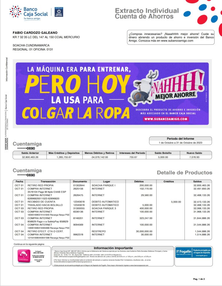 Colombia Banco Caja Social Account Statement Word And PDF Template 2 Pages
