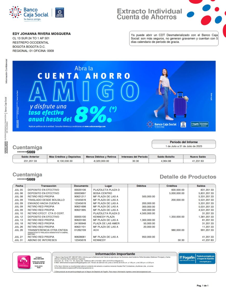 Colombia Banco Caja Social Account Statement Word And PDF Template