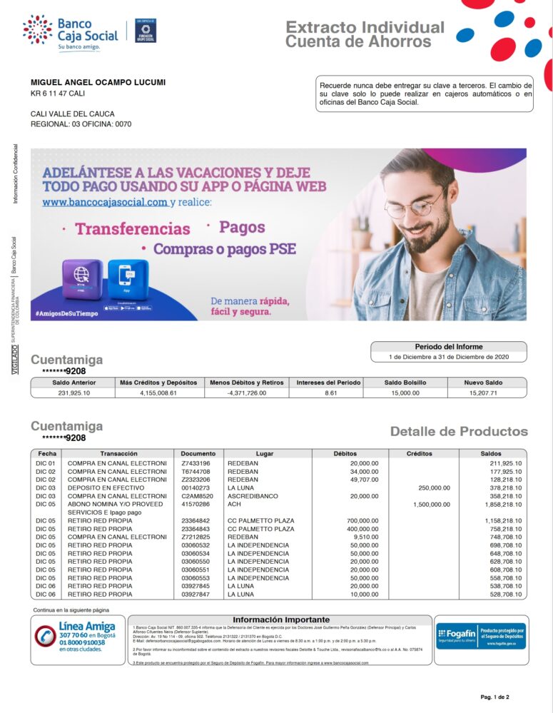 Colombia Banco Caja Social Savings Account Statement Word And PDF Template 2 Pages
