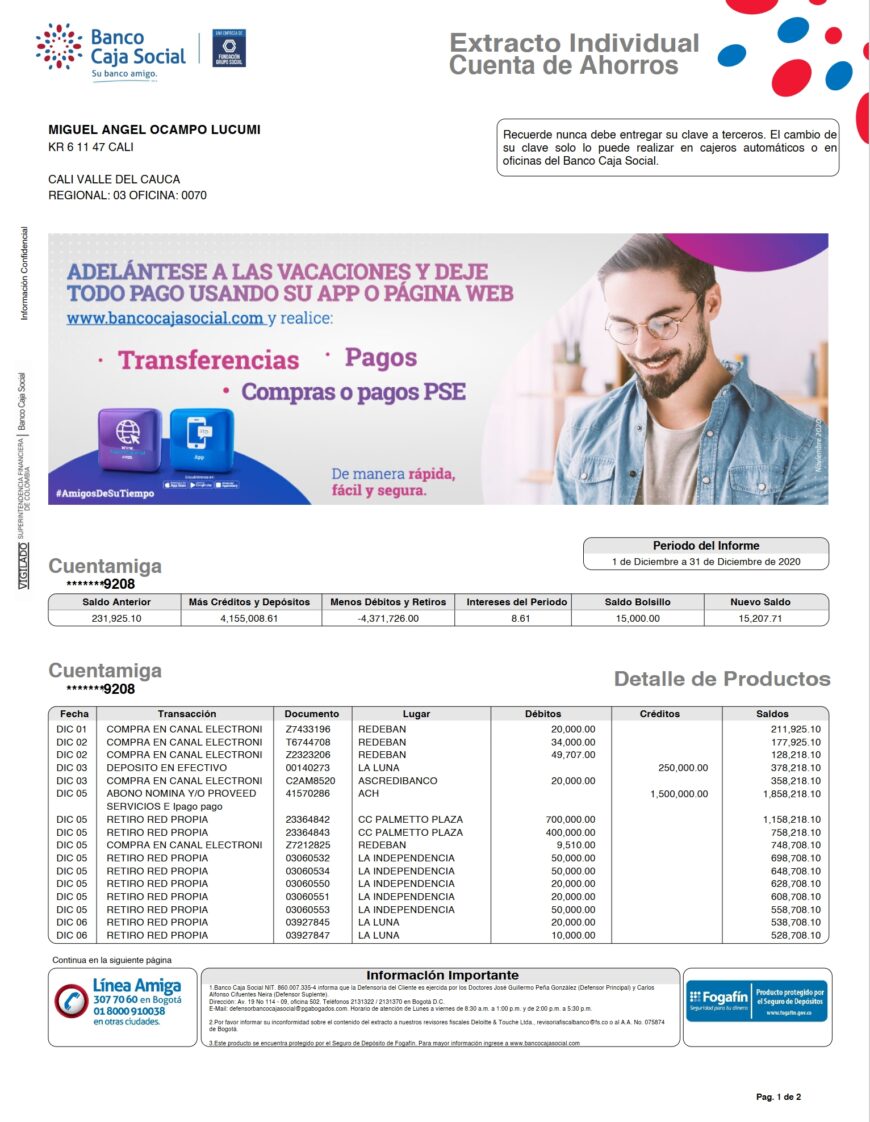 Colombia Banco Caja Social Savings Account Statement Word And PDF Template 2 Pages
