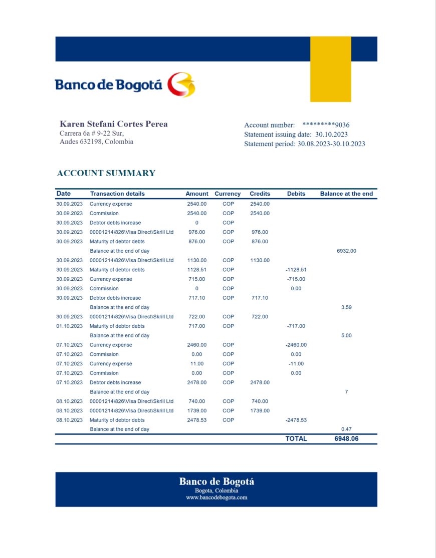 Colombia Banco de Bogota Account Statement Word And PDF Template 2 Pages