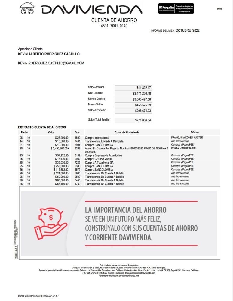 Colombia Davivienda Bank Statement Word and PDF Template 3 Pages