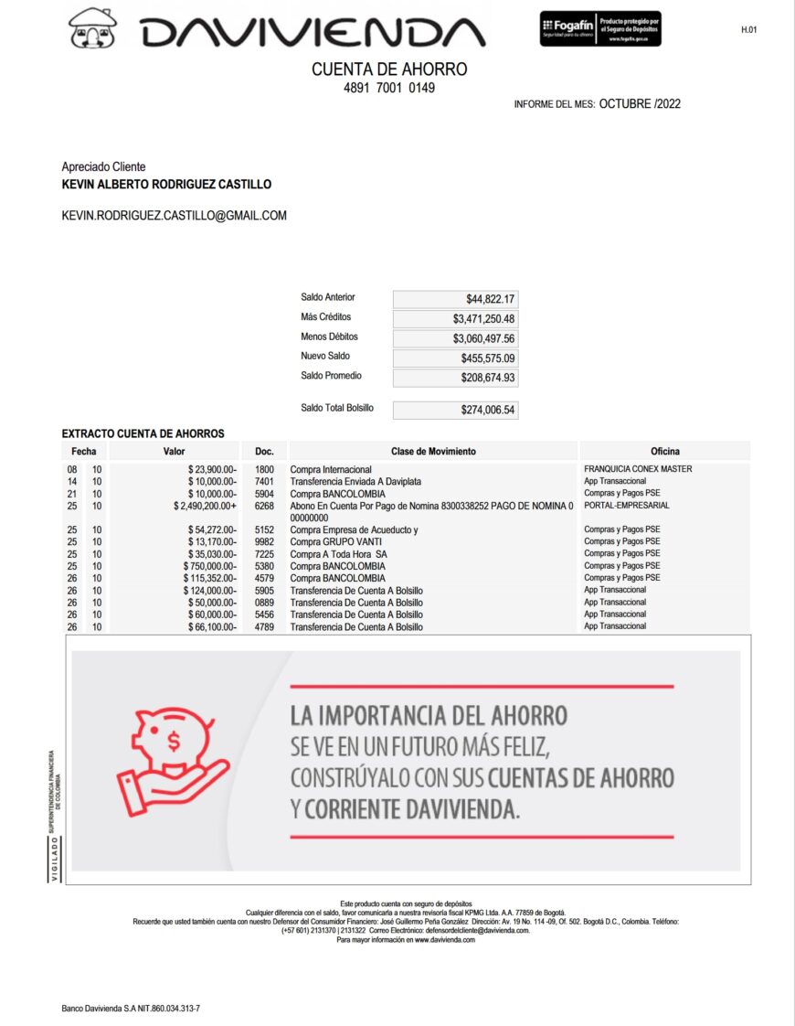 Colombia Davivienda Bank Statement Word and PDF Template 3 Pages