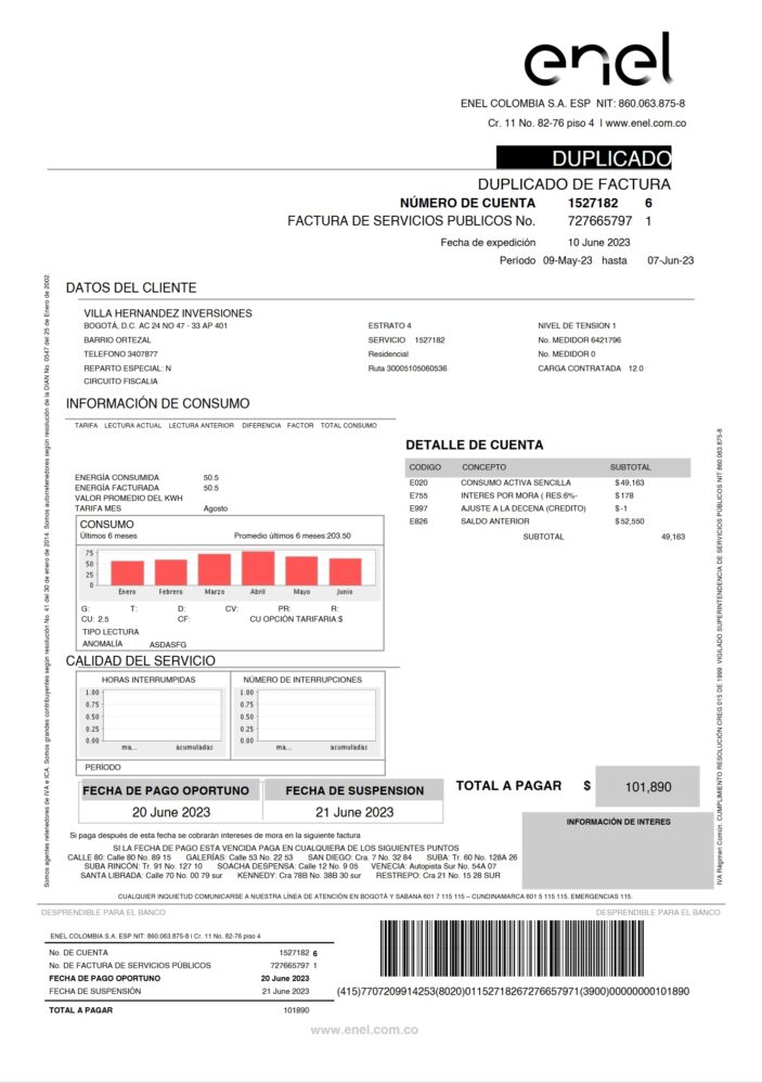 Colombia Enel Utility Bill Word And PDF Template 2 Pages