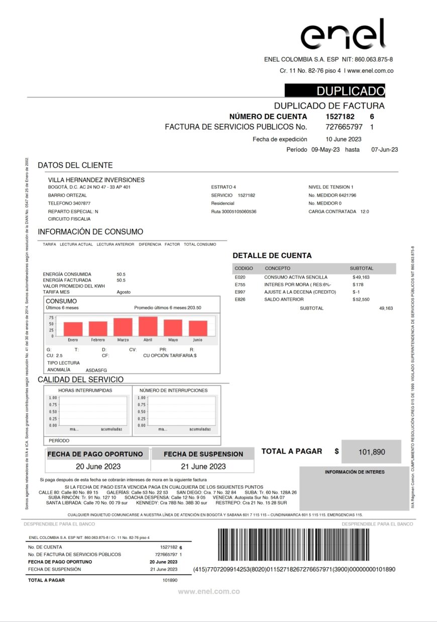 Colombia Enel Utility Bill Word And PDF Template 2 Pages