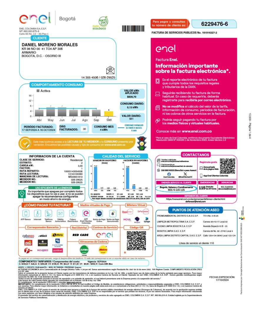 Colombia Enel Utility Bill Word And PDF Template 4 Pages