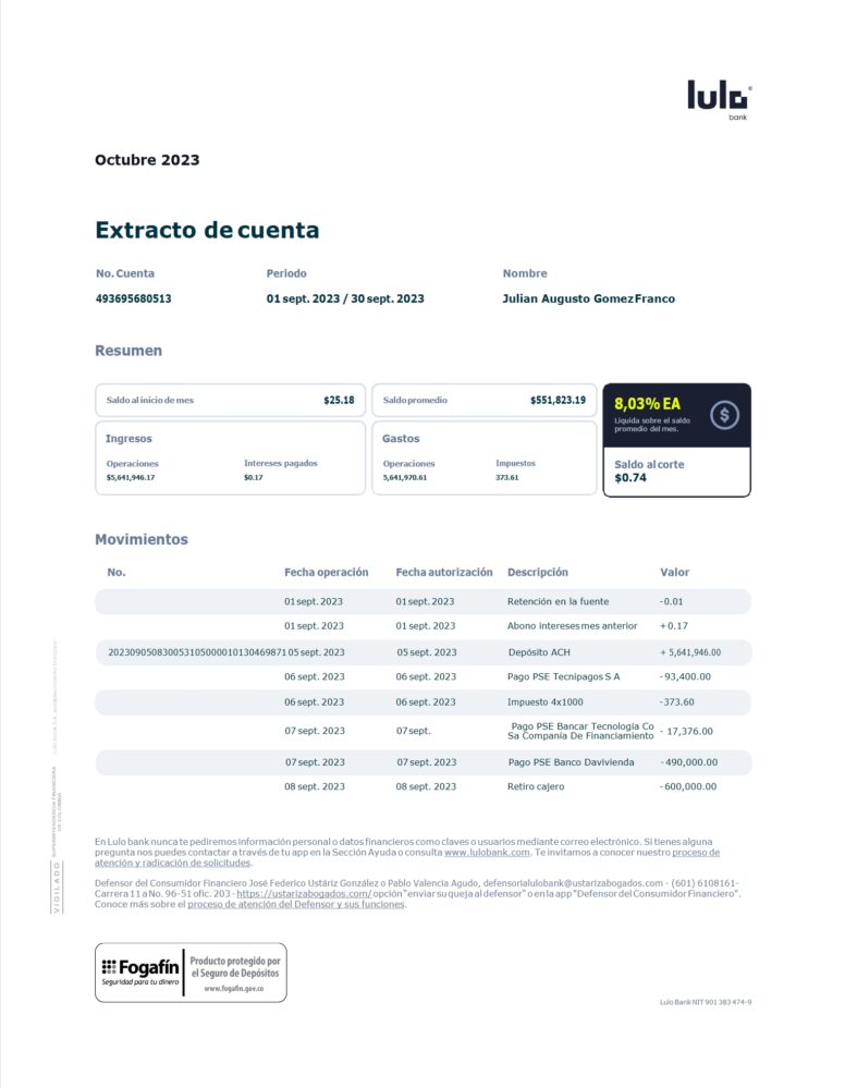 Colombia Lulo Bank Savings Account Statement Word and PDF Template 2 Pages