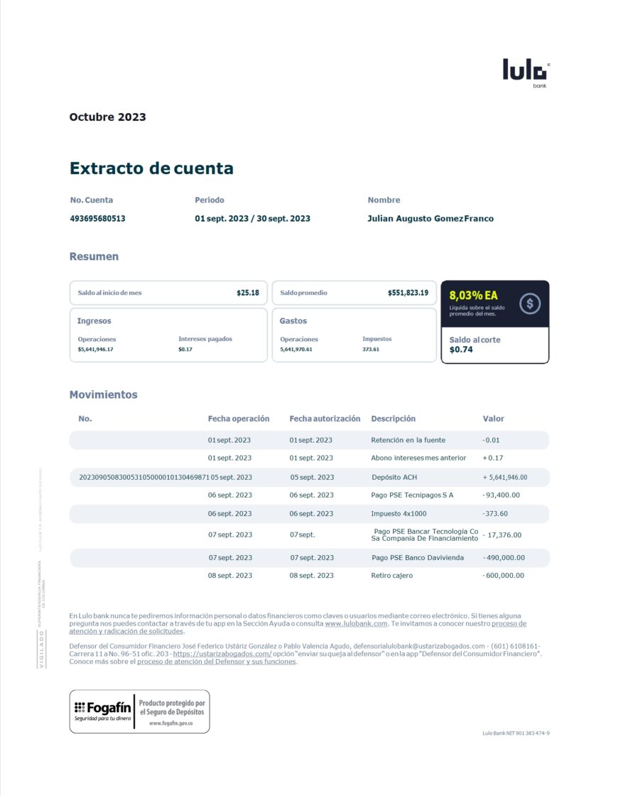 Colombia Lulo Bank Savings Account Statement Word and PDF Template 2 Pages