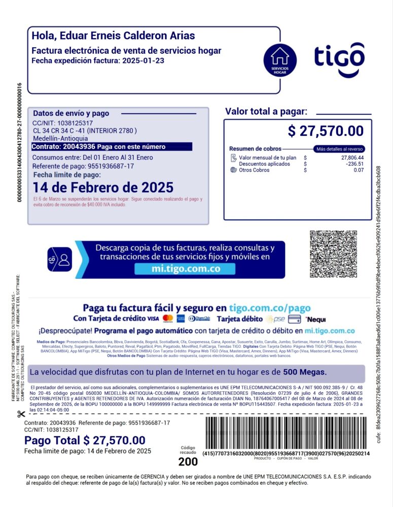 Colombia Tigo Home Services Invoice Word And PDF Template 2 Pages