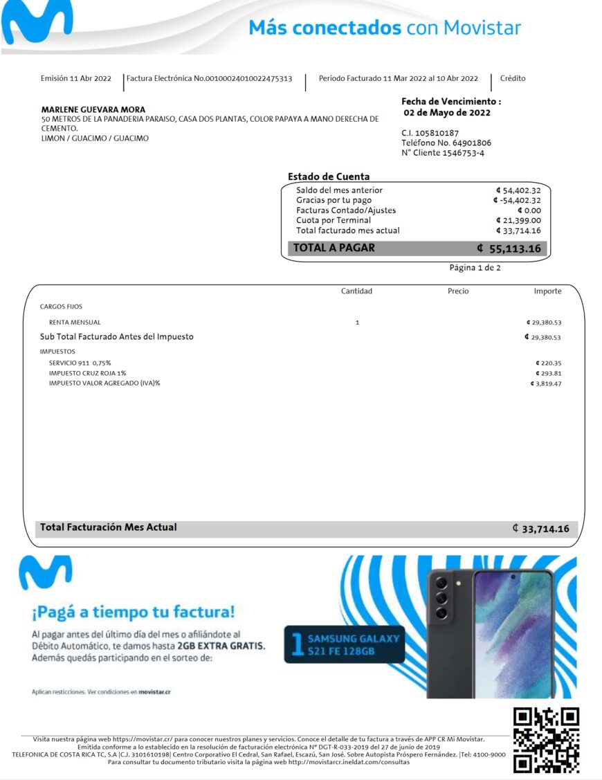 Costa Rica Movistar Telecommunications Bill Word And PDF Template 2 Pages