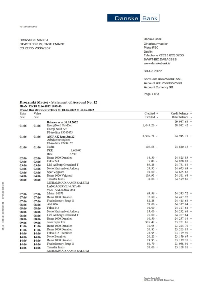 Denmark Danske Bank Statement Word And PDF Template 3 Pages