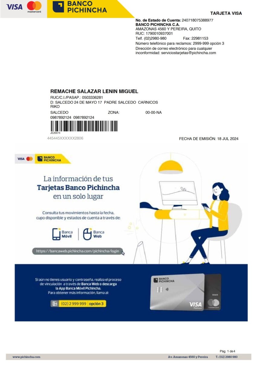 Ecuador Banco Pichincha Credit Card Statement Word And PDF Template 4 Pages