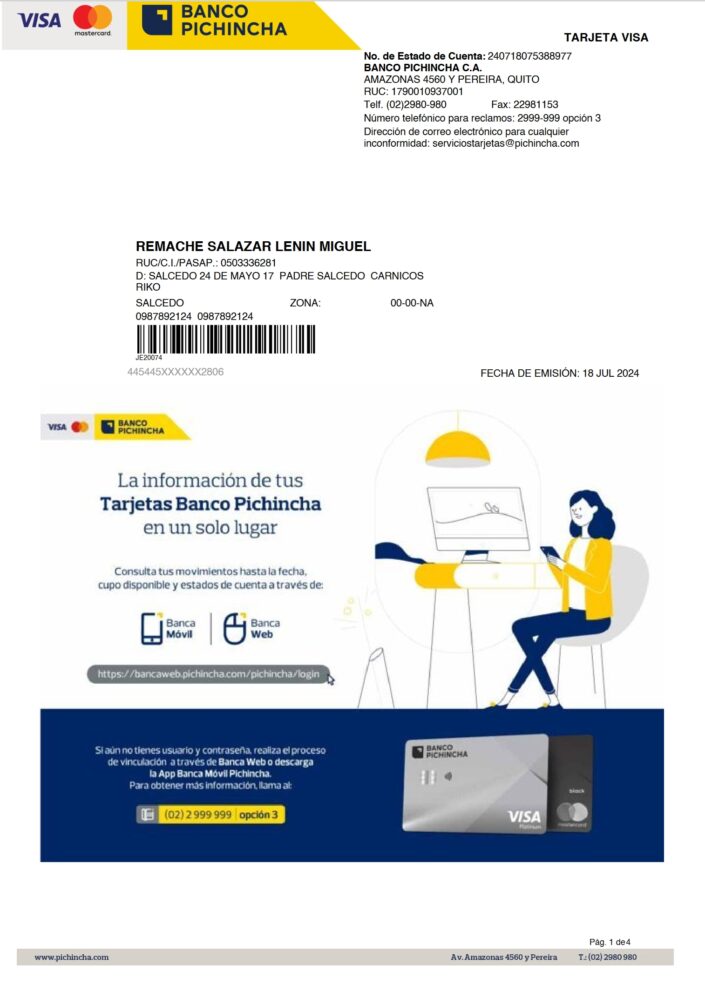 Ecuador Banco Pichincha Visa Credit Card Statement Word And PDF Template