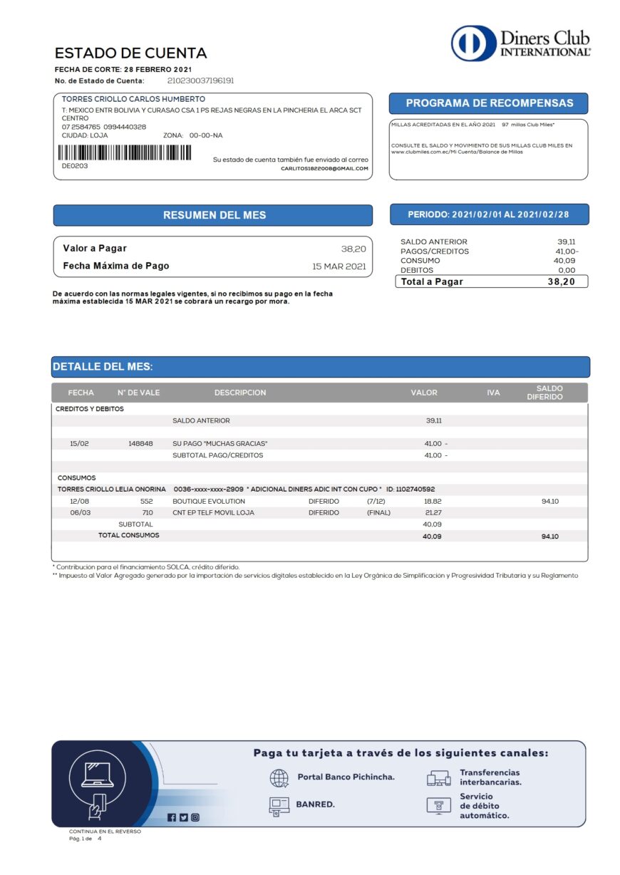 Ecuador Diners Club Bank Statement Word and PDF Template 4 Pages