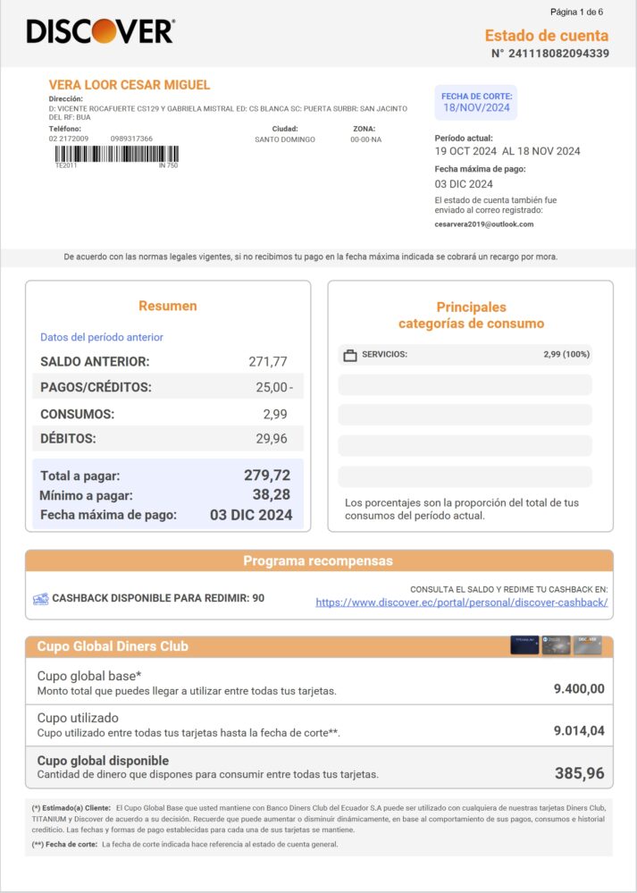 Ecuador Discover Credit Card Statement Word And PDF Template 6 Pages