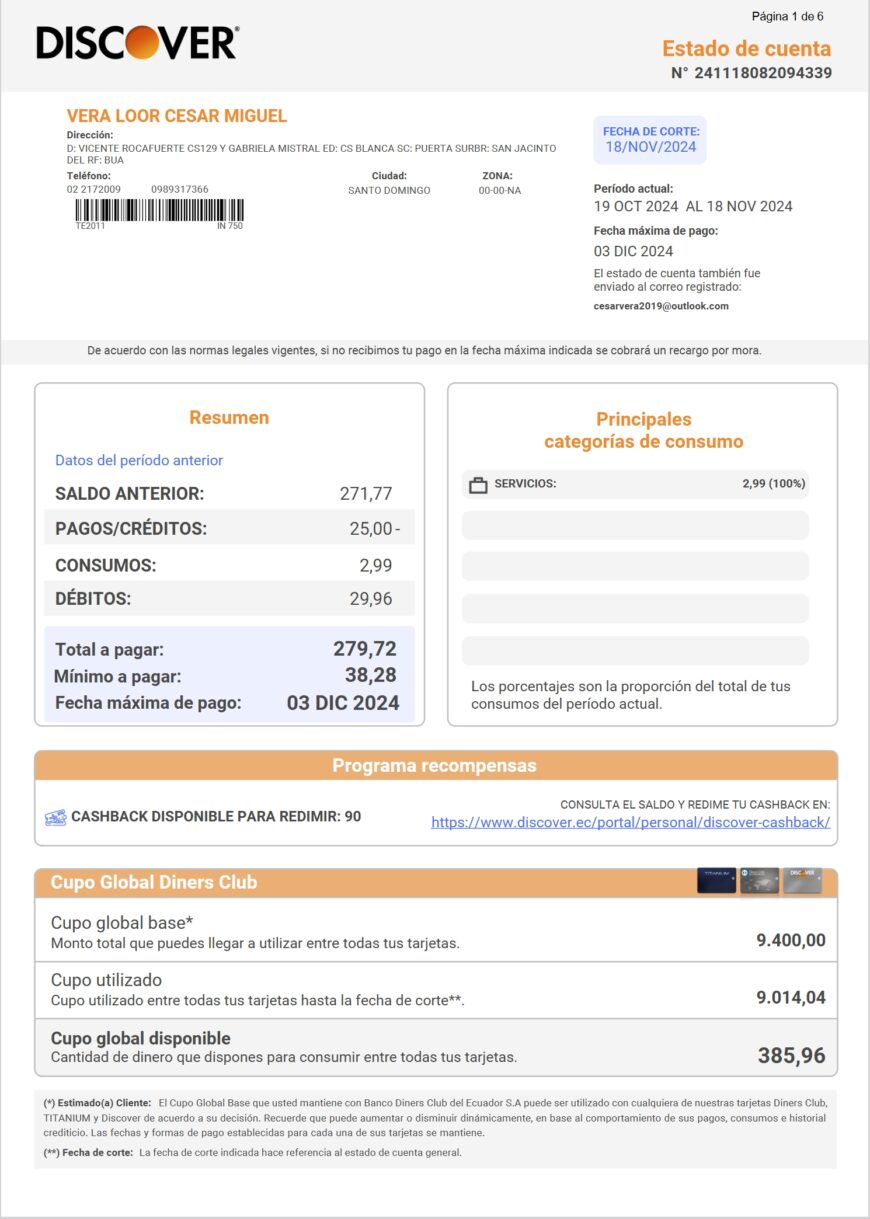 Ecuador Discover Credit Card Statement Word And PDF Template 6 Pages