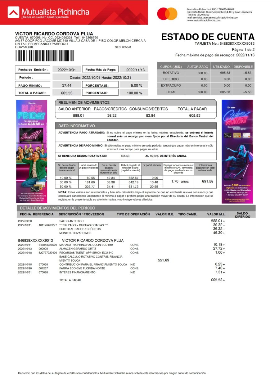 Ecuador Mutualista Pichincha Credit Card Statement Word And PDF Template 2 Pages