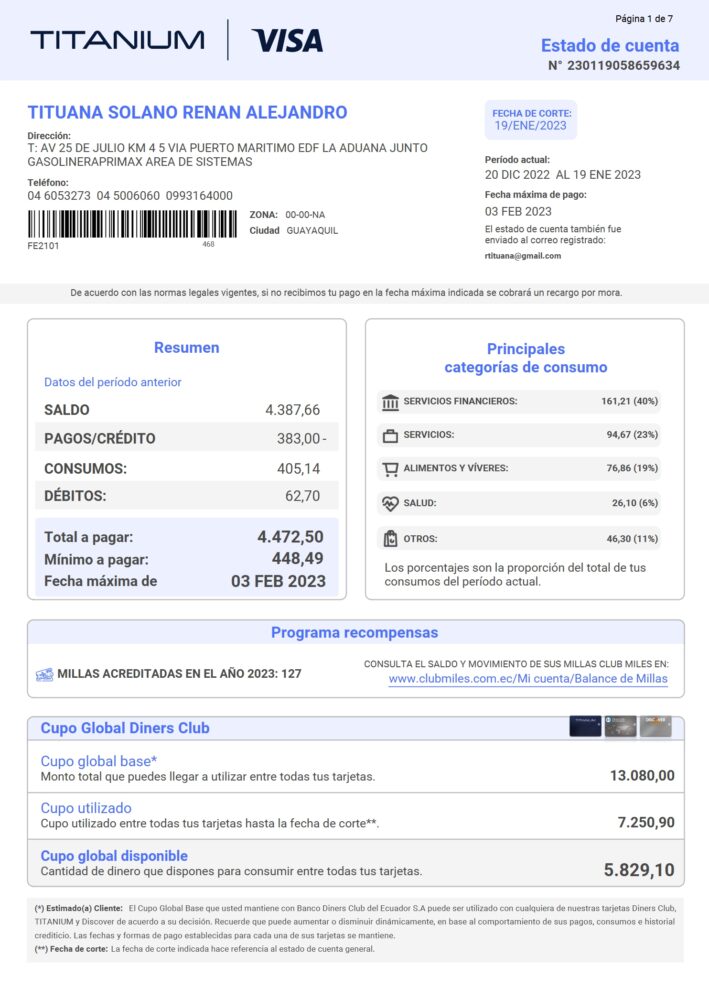 Ecuador Titanium Visa Credit Card Statement Word And PDF Template 7 Pages