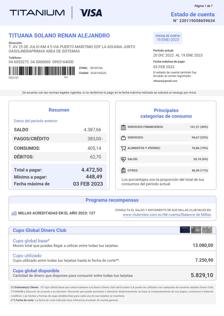 Ecuador Titanium Visa Credit Card Statement Word And PDF Template 7 Pages