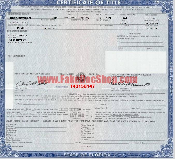 Florida Vehicle Title Certification Template in Word And PDF Format
