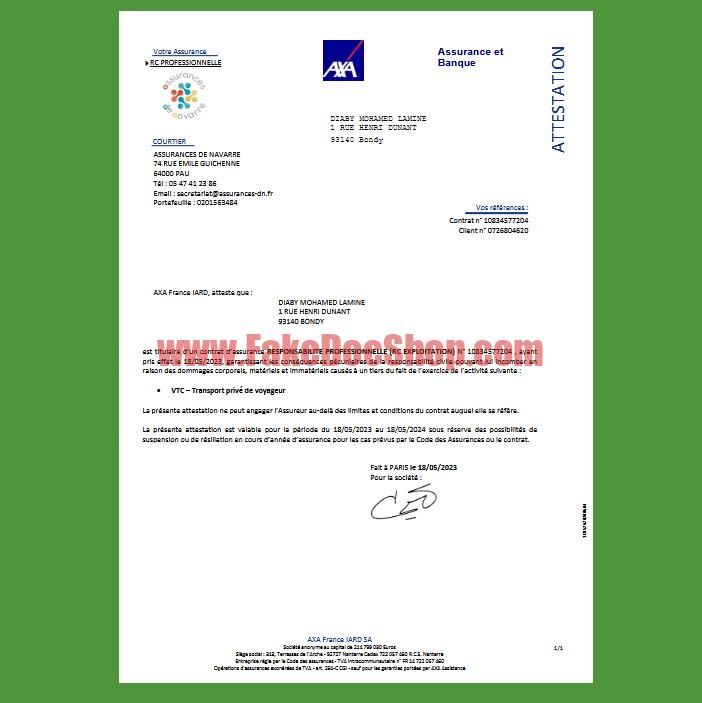 France insurance certificate Template in Word And PDF Format