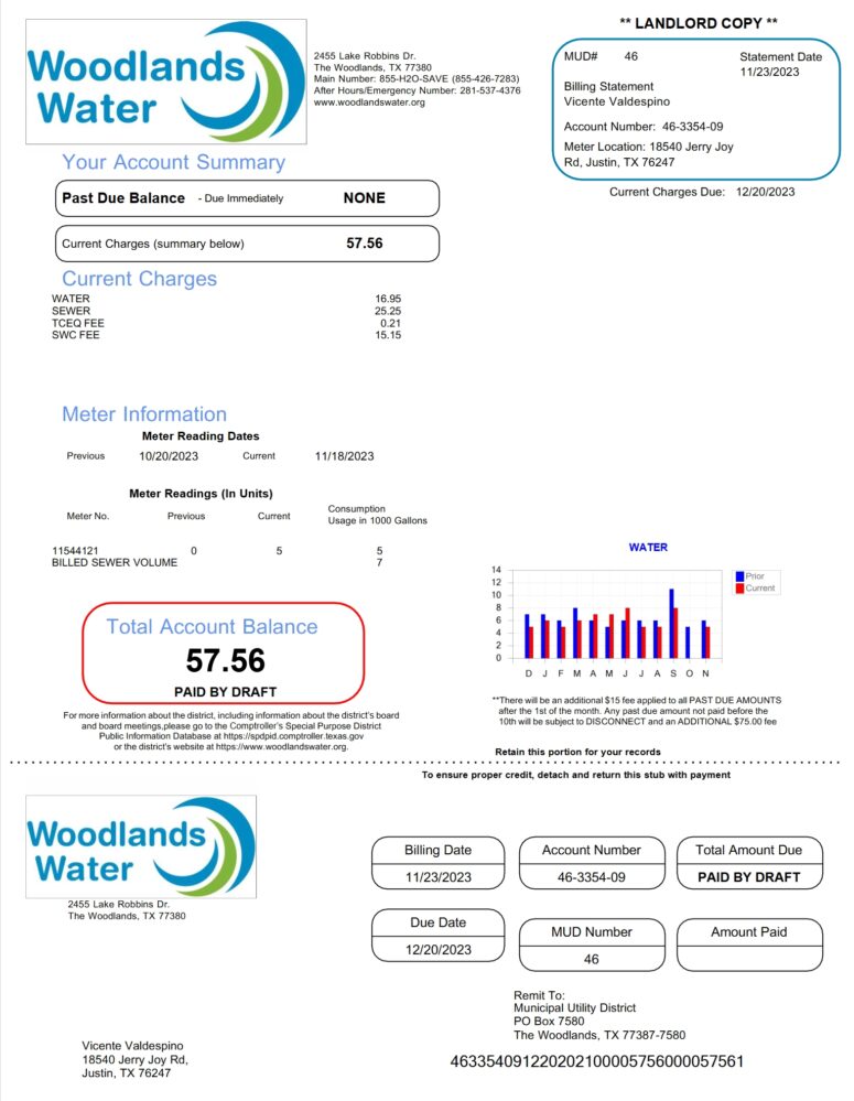 Free Download USA Woodlands Water Utility Bill Word And PDF Template