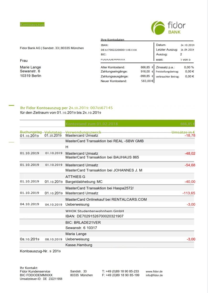 Germany Fidor Bank Statement Word and PDF Template